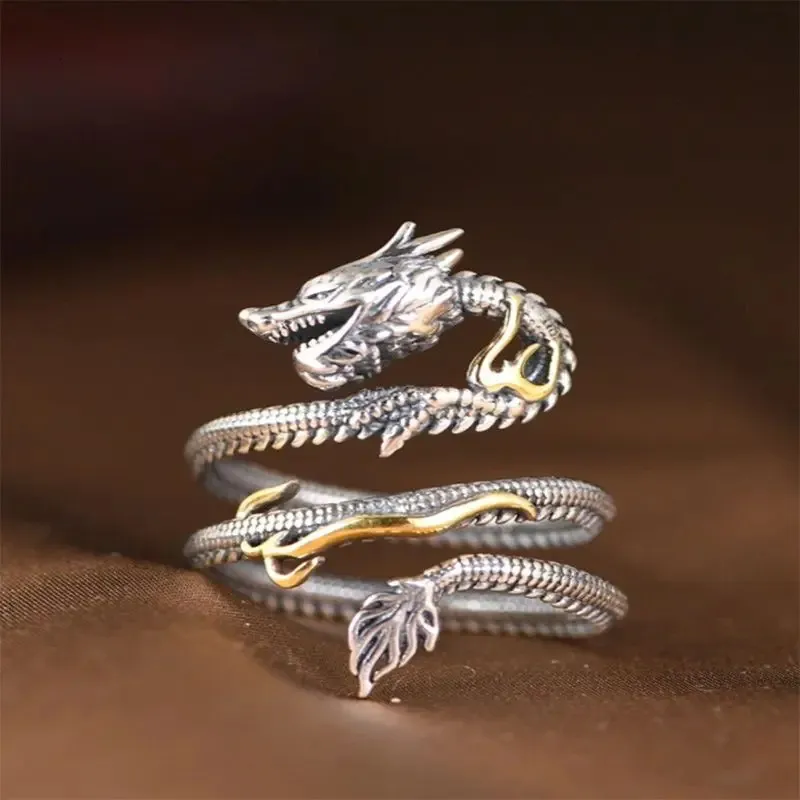 Bague de tête de dragon de zodiaque chinois MENSE SIME Rétro 100% 925 Bijoux à main en argent sterling 240420