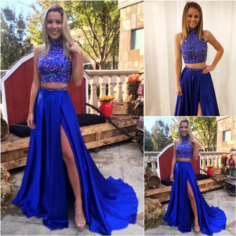 Party Dresses A Line Two Pieces Dress Formal Lårhöga slitsar svep Train Evening Satin Crystal Prom Gown High Neck