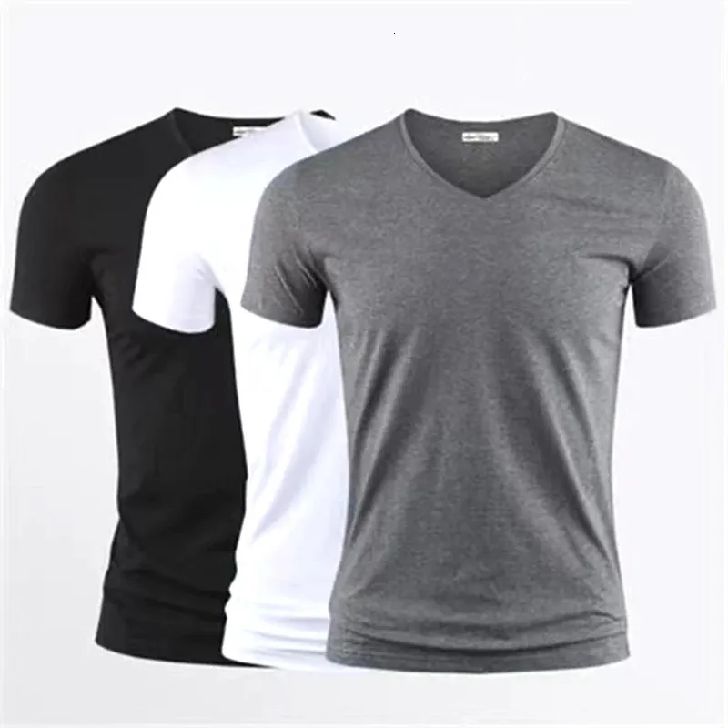 Mens camiseta de cor pura v coleira de colarinho curto tops tees homens camiseta preta meias tshirts fitness para roupas masculinas 240410