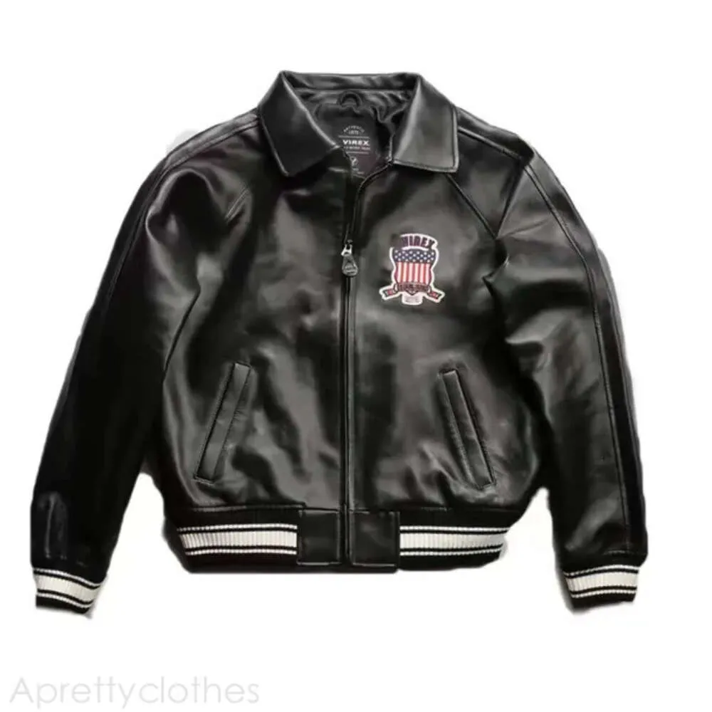 Avirex Plus Size Black Lapel Leather Jacket Casual Sports Flight Suit äkta läderjacka 1975 United States Avirex Leather Jacket 542