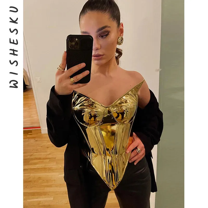 Seksi askısız metalik gümüş mahsul üstleri kadınlar kolsuz korse kamisole tank Top yaz gecesi balo kıyafetleri 240407