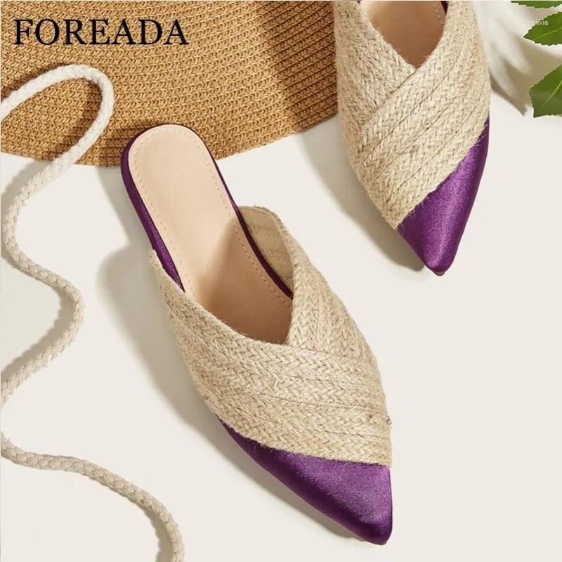 Casual Shoes FOREADA Women Mules Pointed Toe Flats Espadrille Mixed Colors Concise Ladies Fashion Summer Green Beige Purple 41