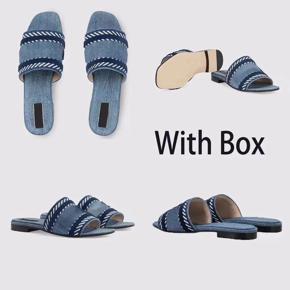 Designer Women Sandals Denim Slide pantofole piatta piattaforma per la spiaggia sceneggiatura in gomma ricamata Muli autunnali estivi Muli esterni di lusso