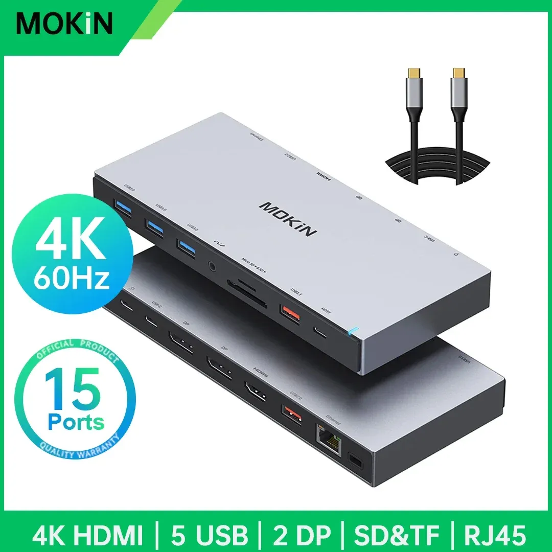 Hubs Mokin -Laptop -Docking -Stationen, USB C -Dock, Anzeigeadapter mit 4K HDMI, DP, RJ45, SD/TF, 5 USB, Audio, PD 100W, für Mac iPad