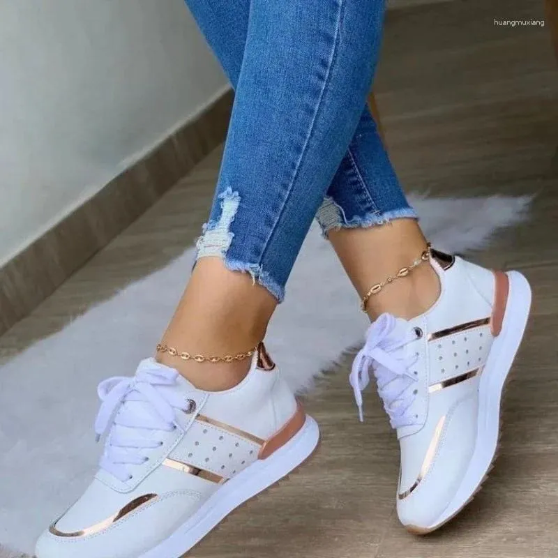 Casual Buty Kobiety Sneakers platforma skórzana patchwork sport na zewnątrz bieganie złota wykończenie wulkanizowane zapatillas