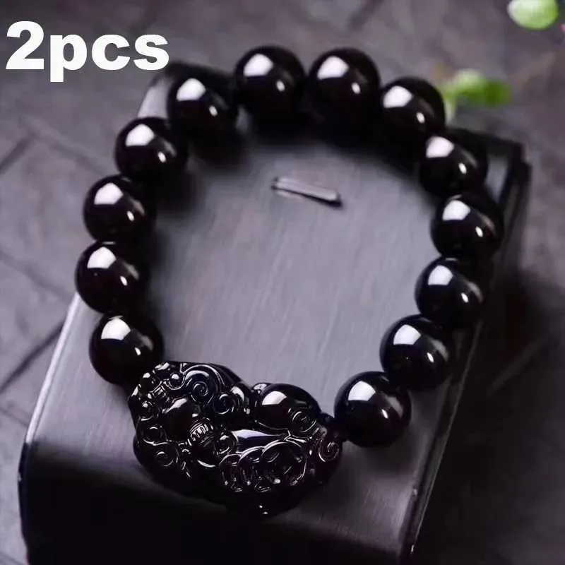 Beaded 2sts Lycka till armband Bangle Feng Shui Black Obsidian Wealth Pi Xiu Armband Locka rikedomarmband Armband Pulseras 240423