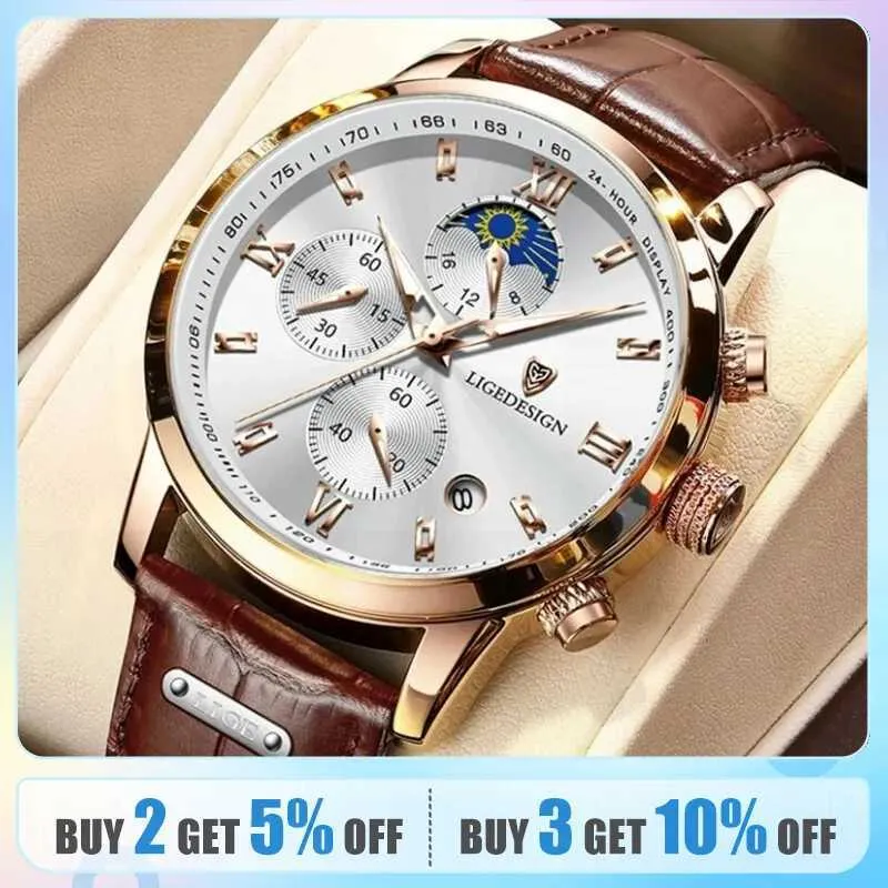 Zegarek Lige Casual Men Watch Watch Luksusowe skórzane wodoodporne sportowe kwarcowe Kwarc Chronograph Watch Military Watch for Men Relogio Masculino 240423