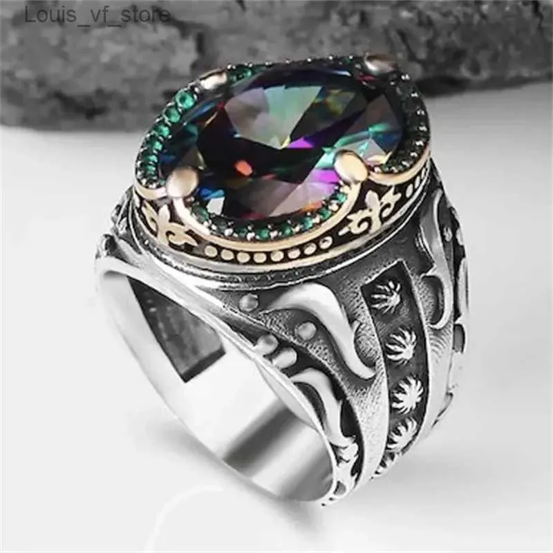 Band Rings Vintage Handmade Turkish Signet Ring for Men Trendy Silver Color Carving Pattern Inlay Multicolour Zircon Punk Motor Biker H240424