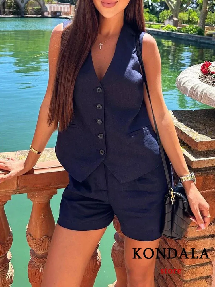 Kondala Casual Linen Women Suits 2 sztuki V Buttonów szyi kamizelki Blazerhigh talia szerokie nogi krótkie