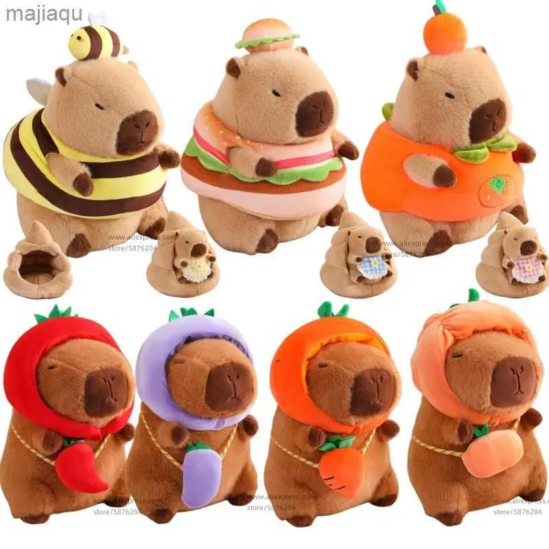 Plush dockor cosplay bi capybara hamburger tyg capibara plushie fylld grönsak pumpa morot paprika aubergine hoodie hatt leksaker för kidl2404