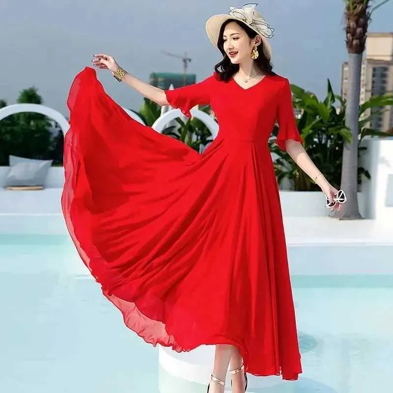 Bohen Wen Women's Chiffon Sundress - Long Solid Color