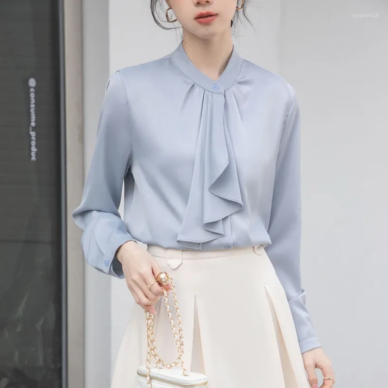 Kvinnors blusar Elegant band Bow Tie 2024 Spring White Blue Long Sleeve Shirt Women Office Lady Business