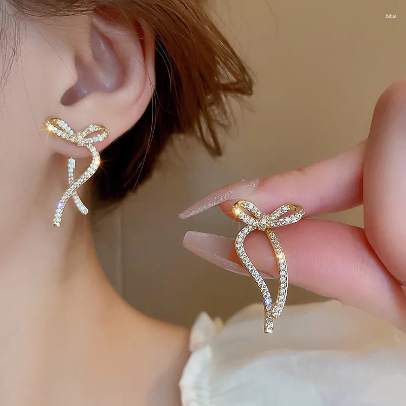 Dangle Earrings Korean Silver Color Crystal Bow Drop For Women Luxury Sparkling Cubic Zirconia Ribbon Bowknot Jewelry