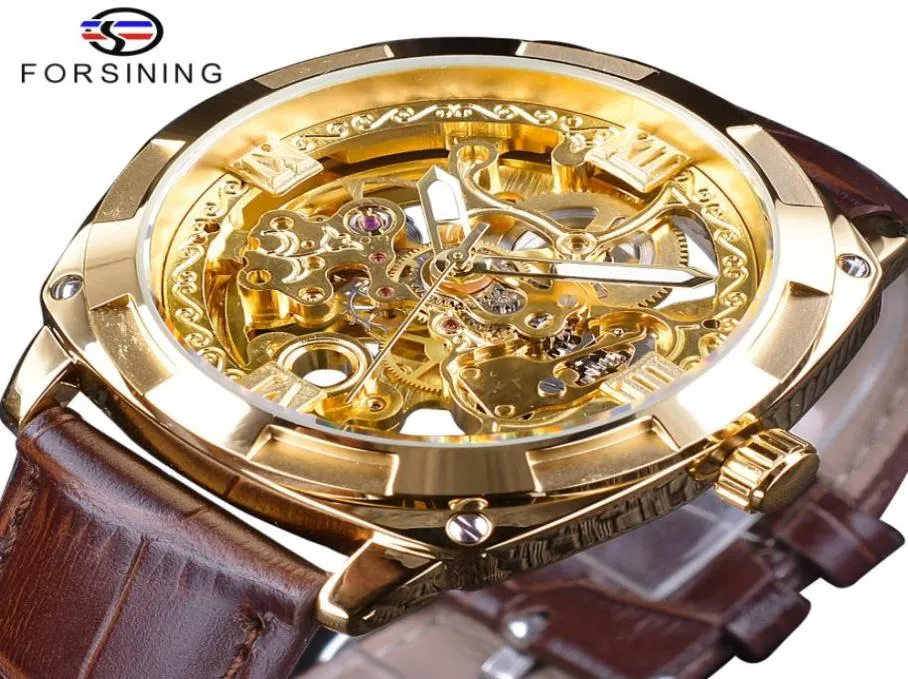 CWP Forsining Watch Royal Golden Flower Transparente Corrente de couro marrom Creative Mens Top Brand Luxury Skeleton Mechanical1267411