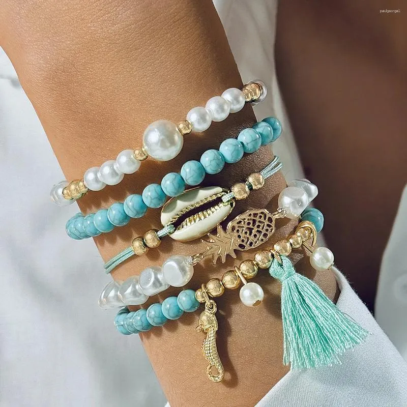 Strand Bohemian Tassel Shell Bransoletka dla kobiet Charm Pearl Green Stone Seahorse ananas AJUSTAble Jewelry 5pcs/Set 26109