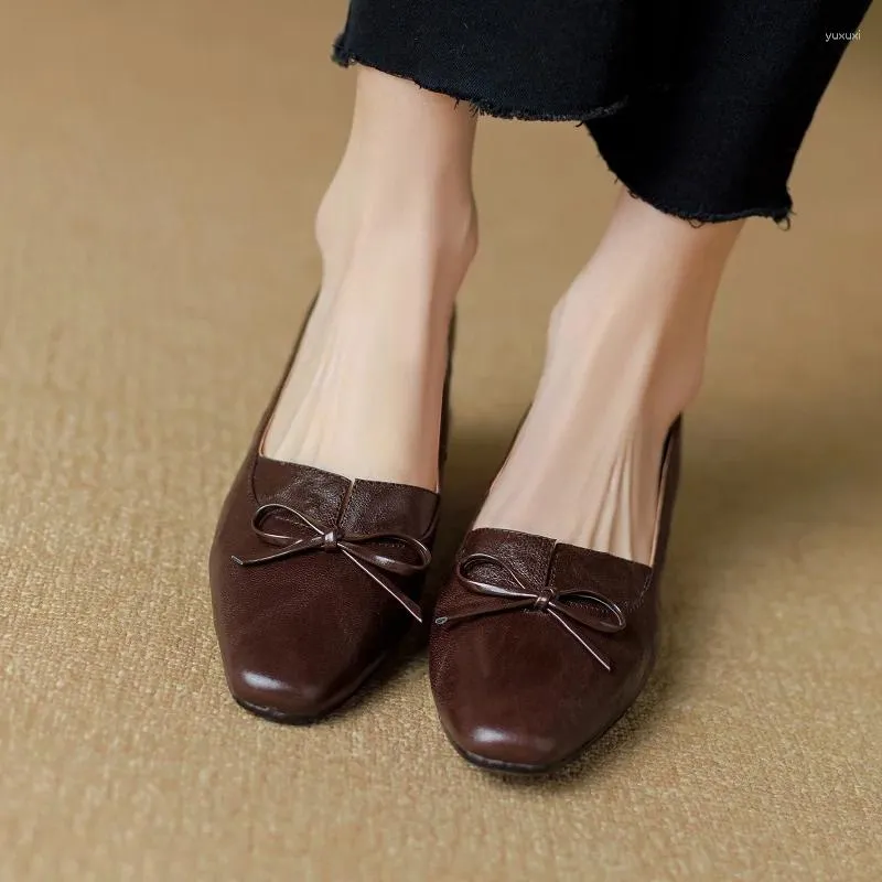 Casual Shoes Thick Heels Women Sheepskin On Heel 3 CM Spring Autumn Lady Bowtie Pumps Cozy Med French Style Slip Daliy