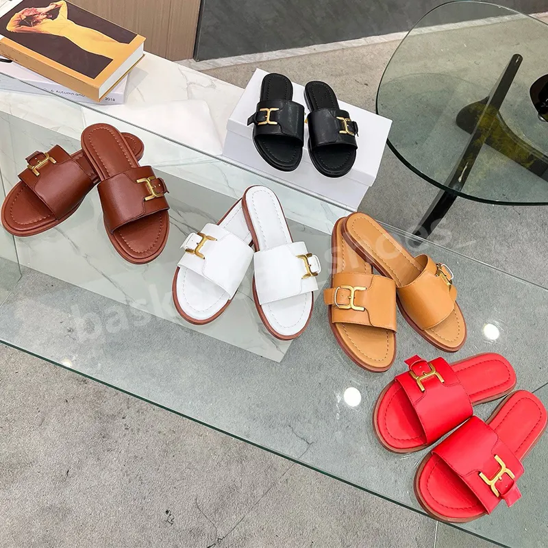 مع نساء مربعات Marcie Leather Slippers الذهبية ذات اللون الذهبي عجل العجل Slide Slide Slip-on Mule مريح ليدي سيدة المشي الحجم 35-43