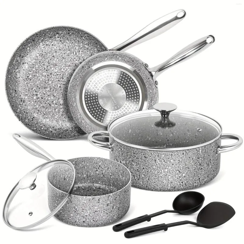 PANS 8PCS POTS и SET PRINAW с гранитными покрытиями для супер -ненужного результата.