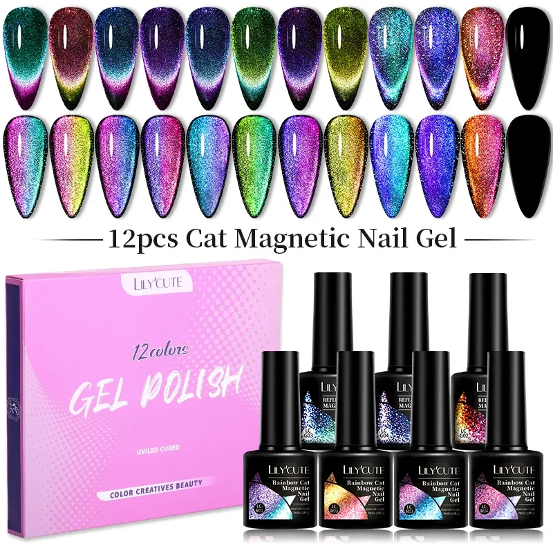 Kits Lilycute 12pcs 7 ml laser 9d chat gel de gel de gel de vernis à ongles semi-permanent gel UV pour le kit de vernis à ongles en gel de manucure