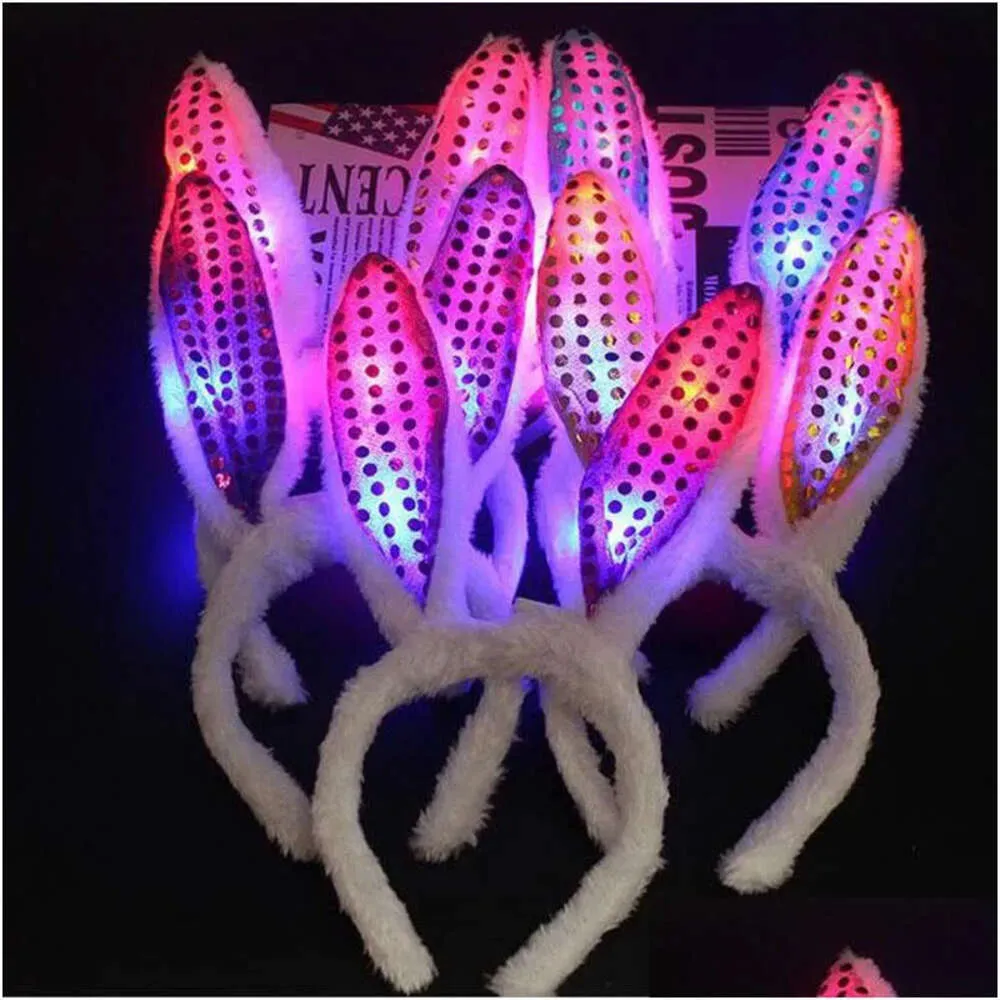 Lumineux LED Light Party Favor Sequin Rabbit Ears Flashing Bunny Headress Head Hair Band Hoop Toy Kid Supplies Birthday