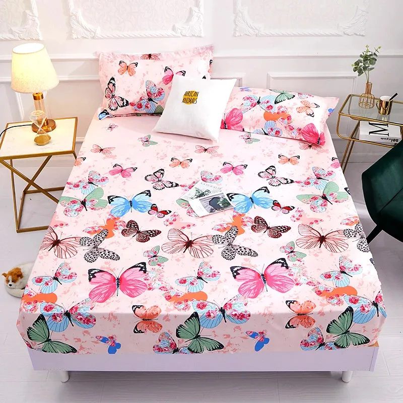 on Product 1pcs 100%Polyester Printed Fitted Sheet Mattress Cover Four Corners With Elastic Band Bed Sheetno pillowcases 240424