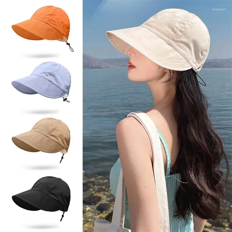 Berets 2024 Summer Wide Brim Sunhat Women Sun Hatts Foldbar Justerbar utomhusstrandhink Hat UV -skydd Visor Fisherman Korean