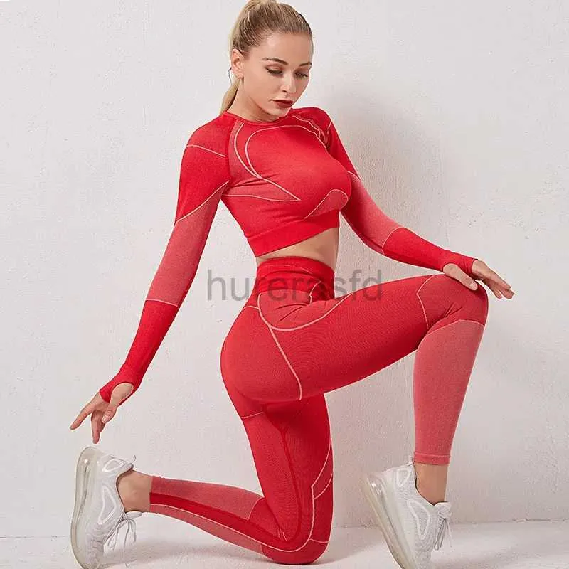 3A3T Active Sets CXUEY Seamless Yoga Sets Women Gym Clothes Workout Sport Clothes for Women Long Sleeve Crop Top Leggings for Fitness Red Blue S 240424