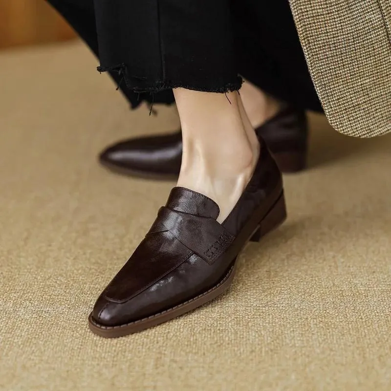 Casual Shoes Ladies Low Heel Women Pumps Spring Autumn Sheepskin Loafers Pointed Toe Real Leather Slip-On Lady Vingtage