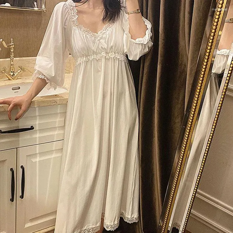 Womens French Style Vintage Pajamas Night Dress, Solid Color Long