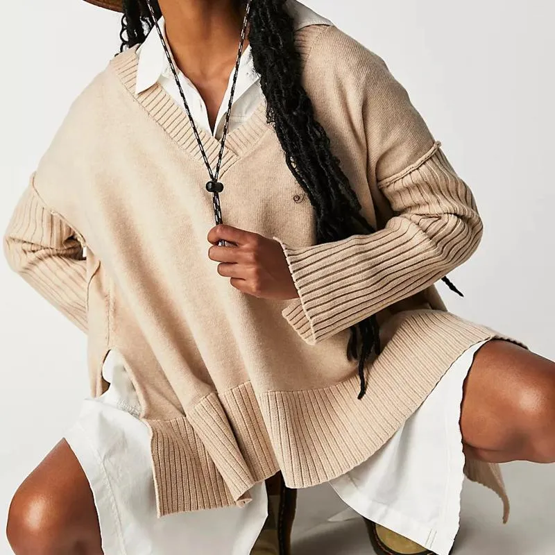 Frauenpullover Herbst Lose V-Ausschnitt Langarm Pullover Tops Mode weibliche Farbe lässig Crochet Pullover Sweater