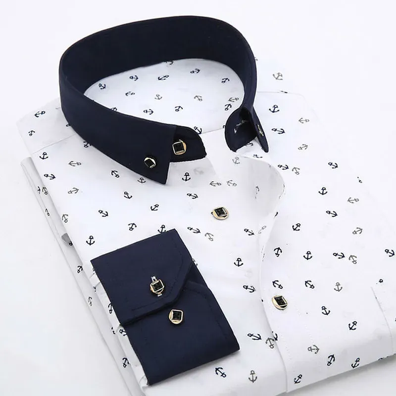 Scatole di qualità Formale Bianco Spring Magliette camicia da uomo casual camicia stampata con marca con abbottini slim fit da uomo sociale floreale camicia