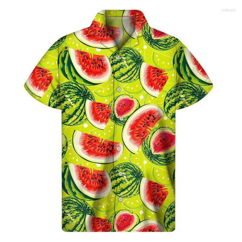 Camisas casuais masculinas coloridas camisa havaiana de melancia havaiana tampas de verão mangas curtas 3D FRUITAS BOTOL