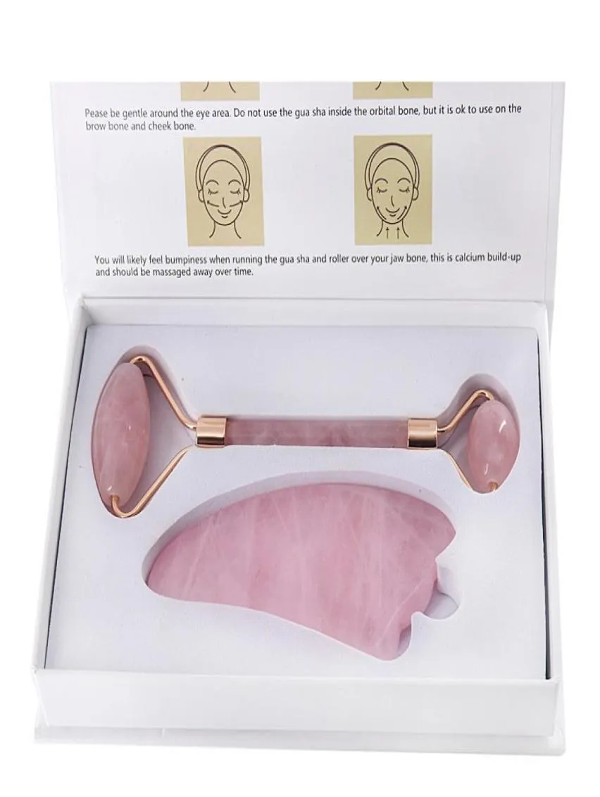 JD003 ROSE Quartz Rouleau Double tête rose Jade Facial Masseur Métal intégré soudé avec boîte cadeau et Guasha Board2985282