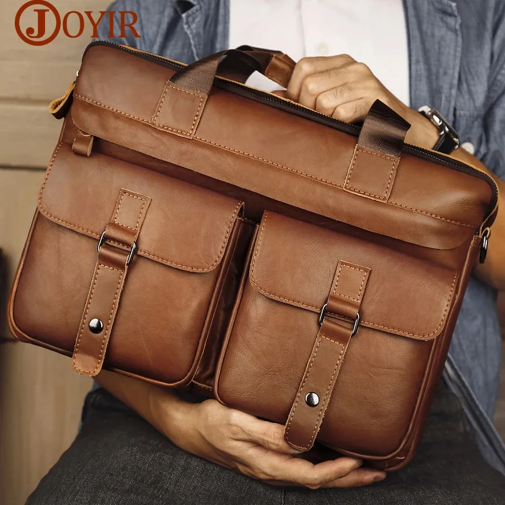 JOYIR äkta lädermensrecefaser 15.6 Laptop Bag Business Messenger Work Man Shoulder Handbag Tote Portfolio 240418