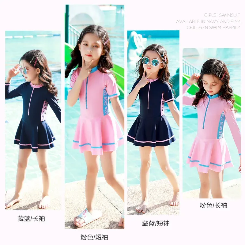 Swimwear 2023 Girls Swimsuit Kids Swimwear One Piece Long/ Short Sleeve Beachwear Baby Toddler Beach Bathing Suits Children Clothes 211Y
