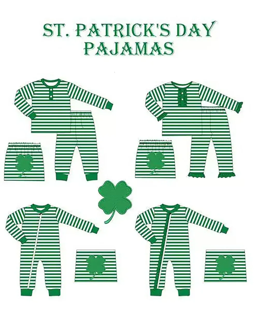 De stijlvolle St. Parker Collection Boys and Girls-collectie Pyjama-sets met groene strepen Lucky Four-bladklavers 240418