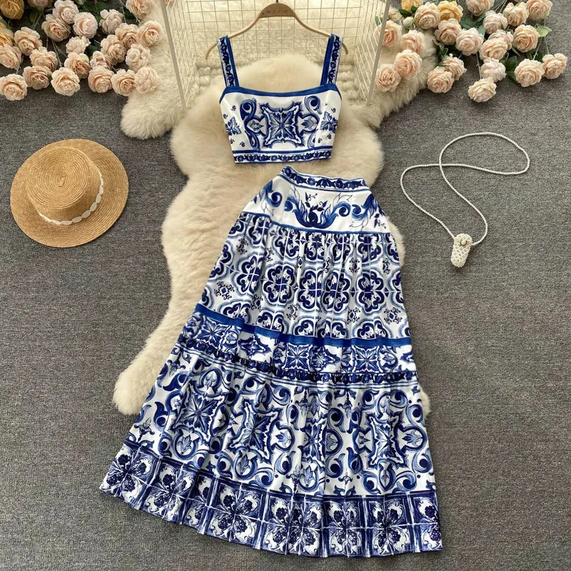 JAMERARY Summer Runway Blue And White Porcelain Two Piece Set Women Flower Print Short Crop Top Holiday Beach Maxi Skirt Suits 240422