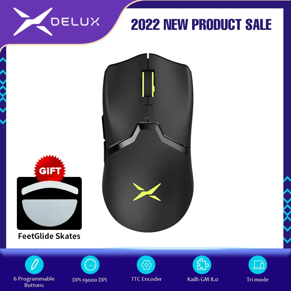 MICES DELUX M800PRO PAW3370 RGB Optical Wireless Gaming Mouse 19000 DPI Camundongos ergonômicos programáveis com fio Recarregável para Windows