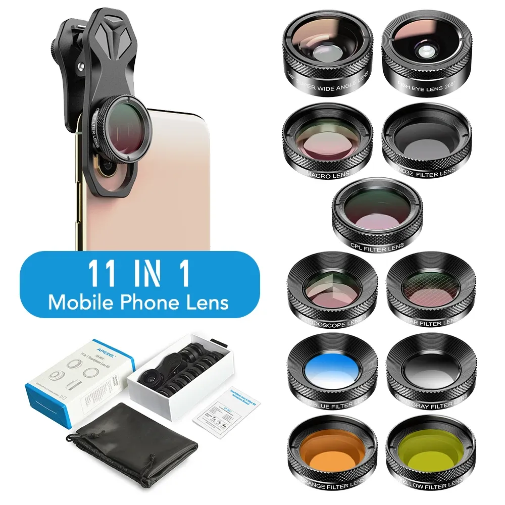 Lens Apexel 11 en 1 THIPLE CAME CAMERIE LENS KIT FISHEYE LEPS LEPS FOLL Colorgrad Filtre CPL ND STAR Filtre pour iPhone Xiaomi All Smartphone