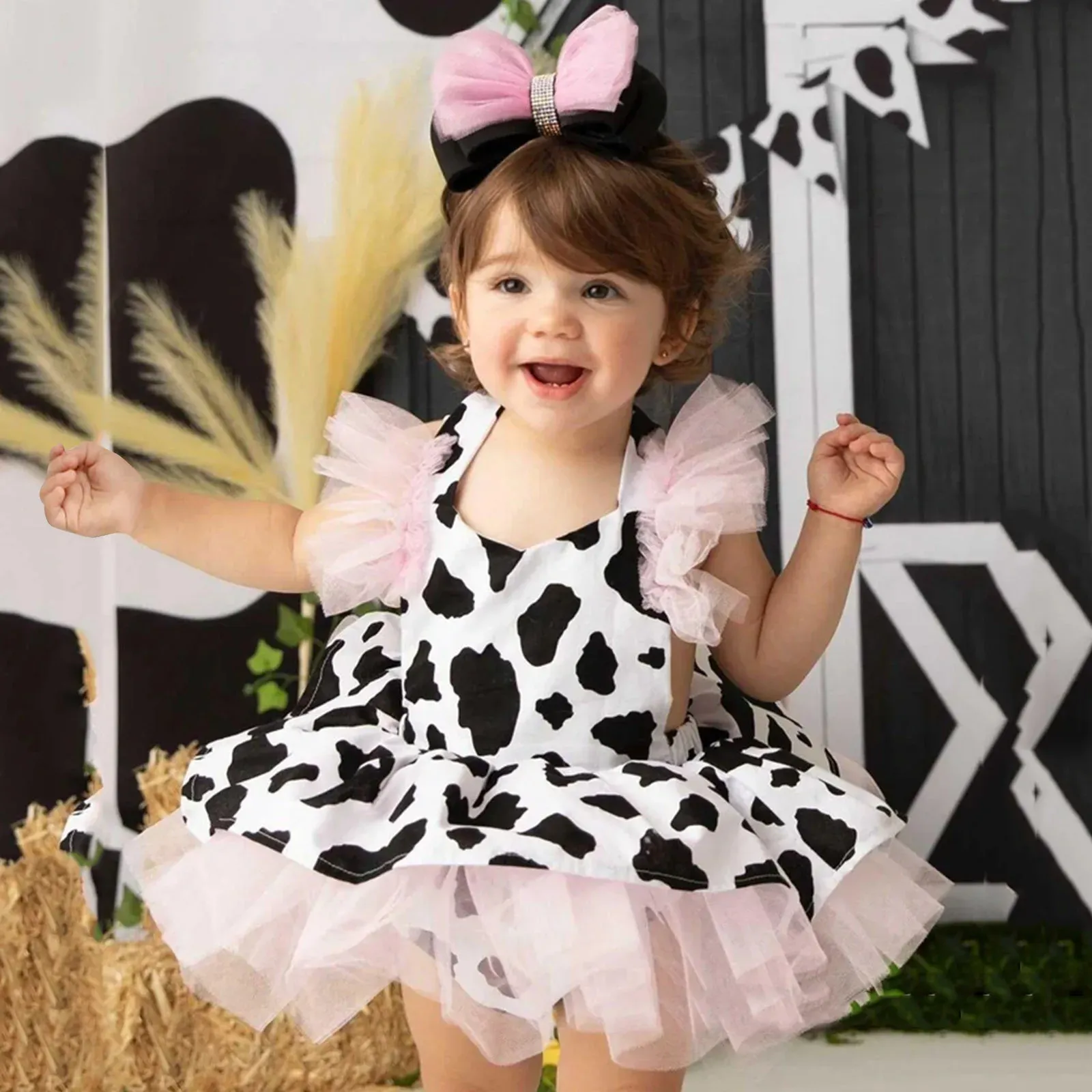 One-Pieces Toddler Baby Girls Romper Dress Headband Sets Infant Cow Print Tulle Clothes Newborn Sleeveless Tutu Dresses Hair Band Outfits