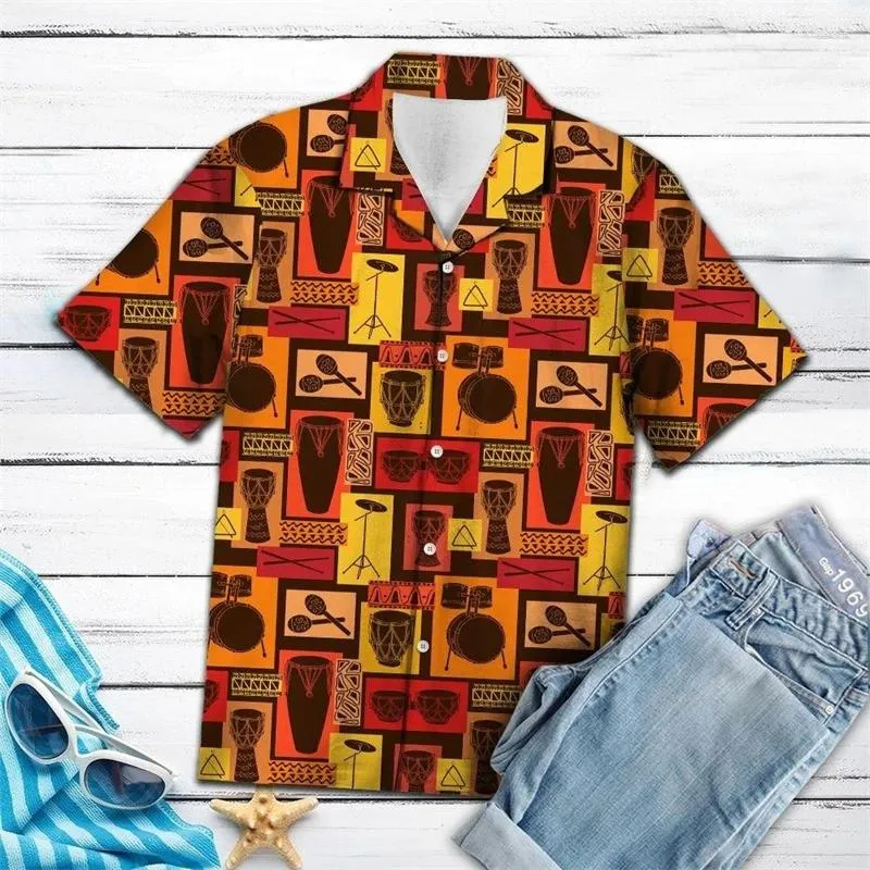 Mäns avslappnade skjortor designer hawaii kort ärm afrikansk trummönster toppar mode streetwear 3d tryck hip-hop camisa kläder