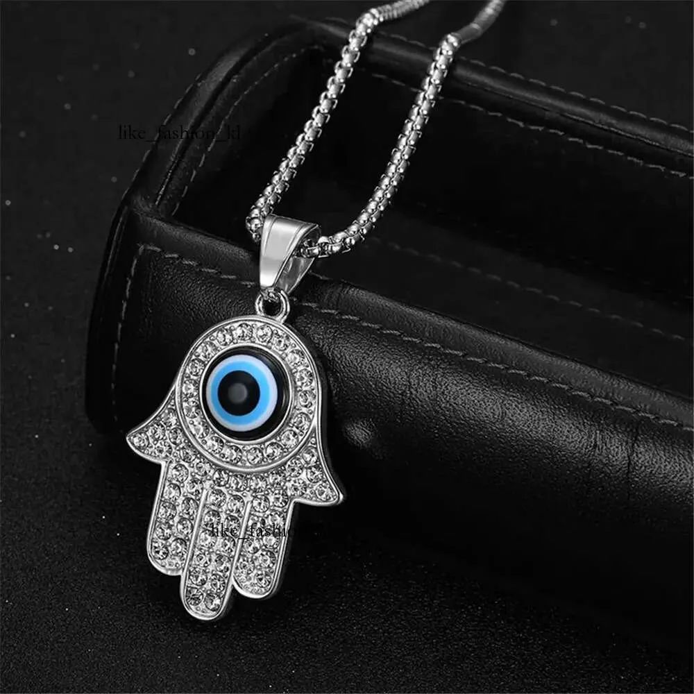 Hip Hop Iced Out Evil Eye Pendant Golden Color 14K Yellow Gold Hasma Hand of Fatima Necklace for Women Men Jewelry High Quality 526