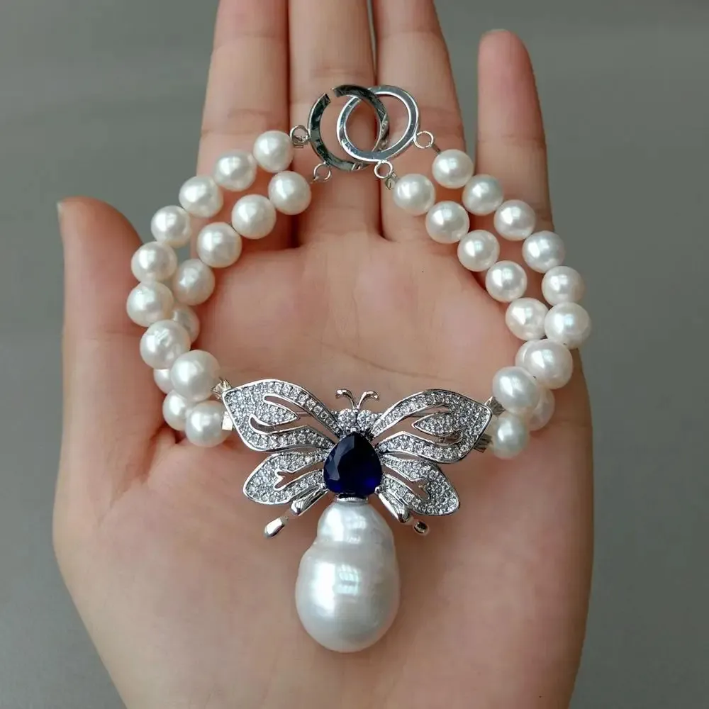 Yygem White Odlat sötvatten Pearl Keshi Pearl Czmicro Pave Butterfly Connector Armband 8 Bröllop för kvinnor 240414