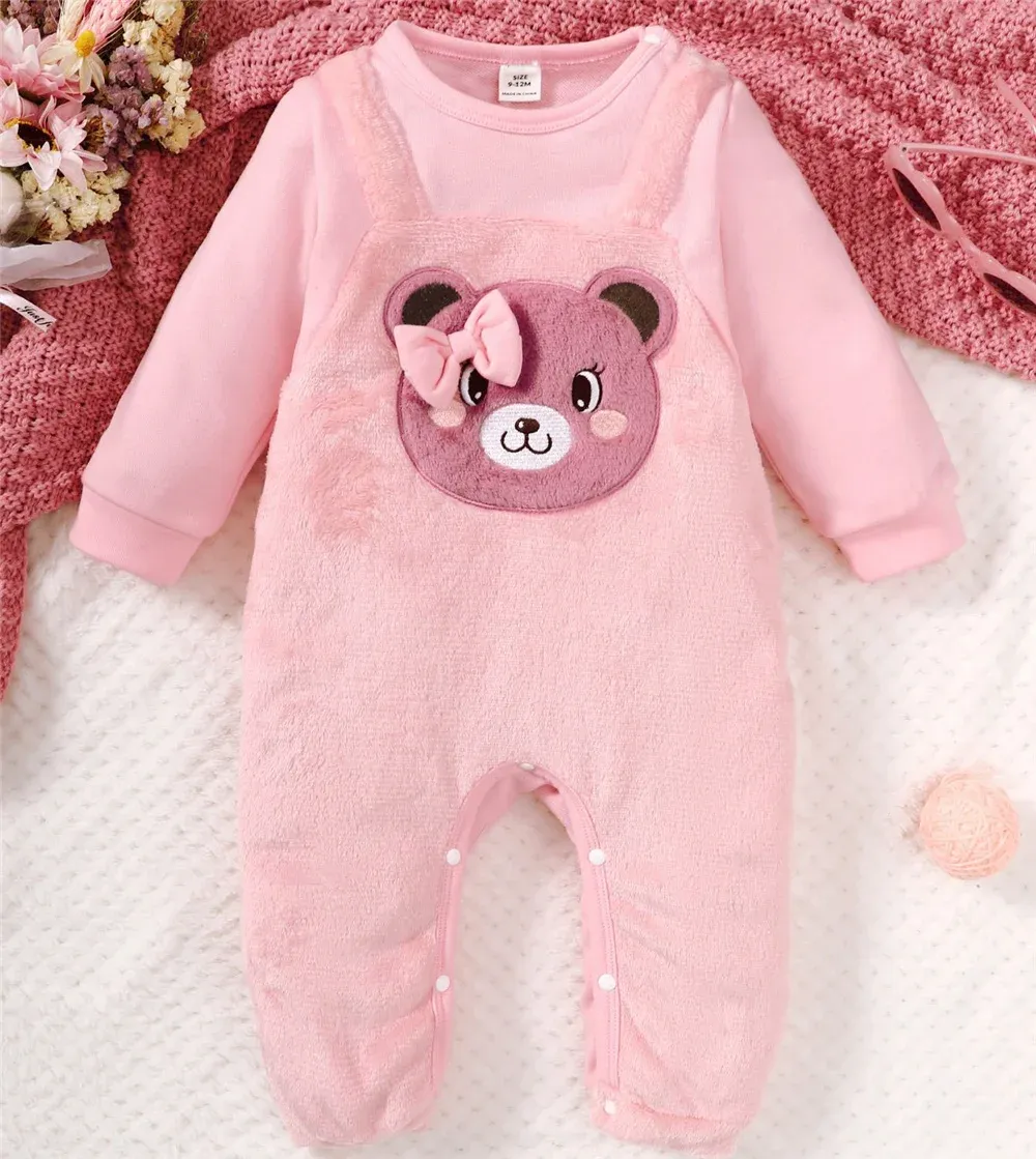 One-Pieces Baby Girl Romper Autumn&Winter Daily Bodysuit Pink Bear Print Long Sleeve Lovely Jumpsuit Clothing for Toddler Girl 324 Months