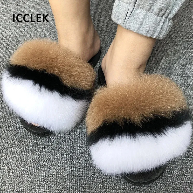 Summer Fur Slippers for Women Nonslip Real Slides Casual Fluffy Flats Sandaler Ladies Shoes Home Woman 240416