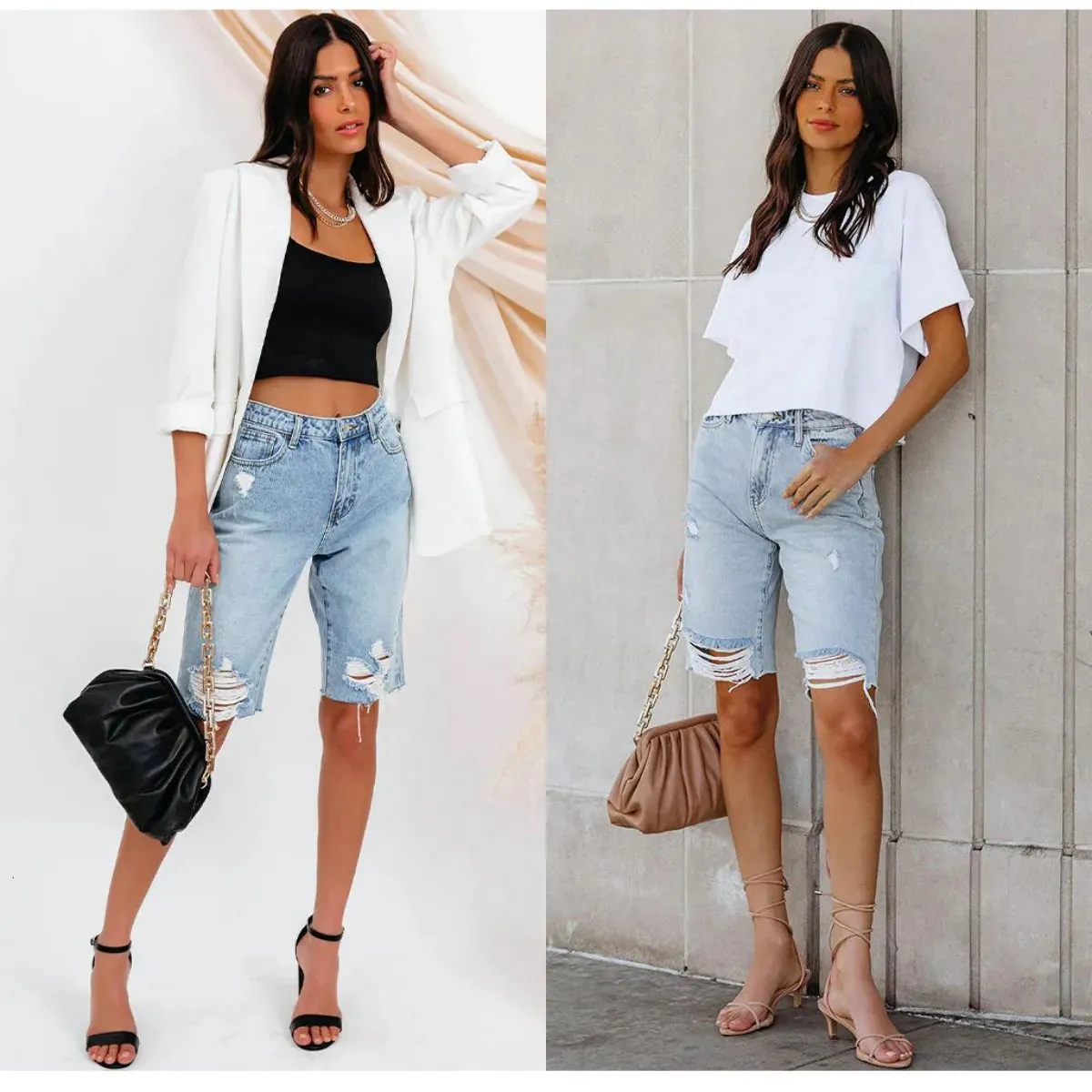 Женщины лето разорванные джинсовые шорты для джинсов моды с высокой растяжкой джинсы. Слушанная женская одежда S-2XL 240418