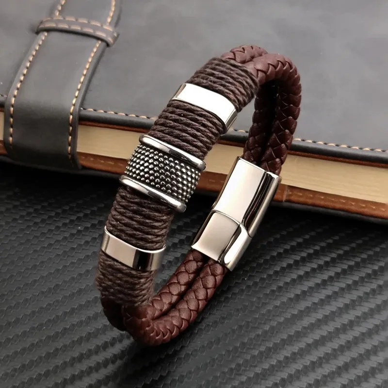 Vintage Multilayer Brown Genuine Leather Men Bracelet Stone Stone Stoen Aço Jóias Anterior Jóias Macicular Pulseira Presente 240417