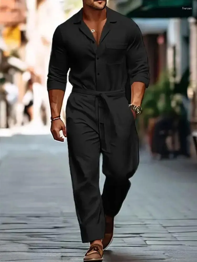 Men's Solid Color Jumpsuit: Casual Vacation Lapel Collar Pockets Straight  Leg Clothing