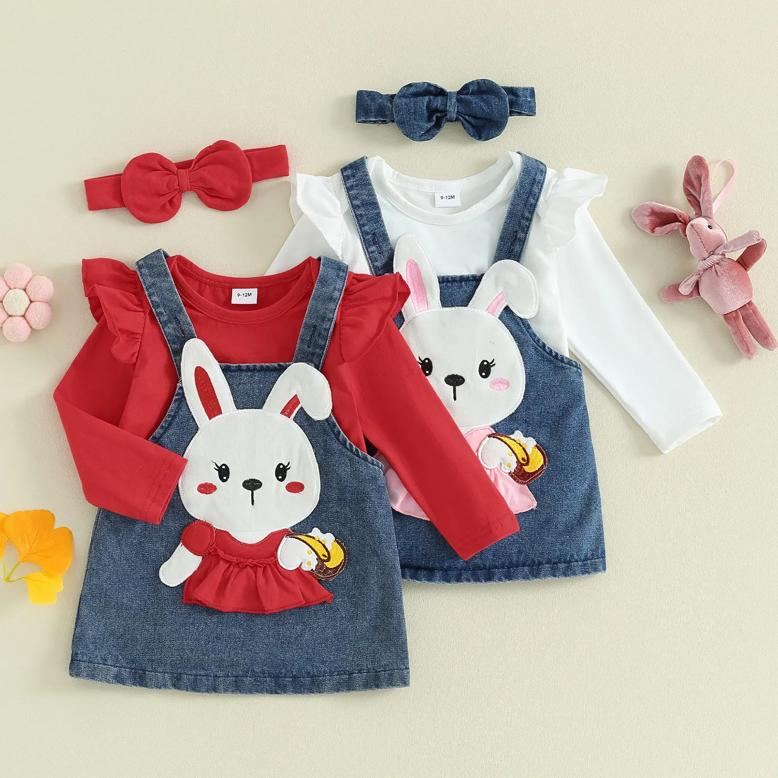 セットフォーカスノーム018m幼児の女の子の服セット3pcs長袖フリルromperウサギembroideryサスペンダードレスヘッドバンド