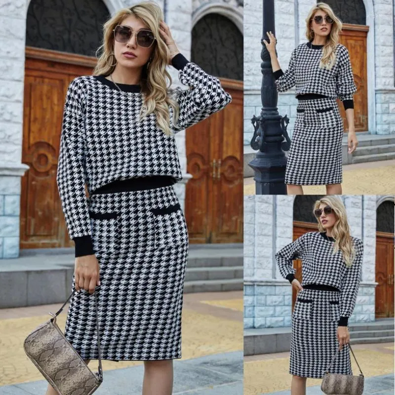 Work Dresses Spring And Autumn Thousand Bird Checker Sweater Top Half Skirt Two Piece Set